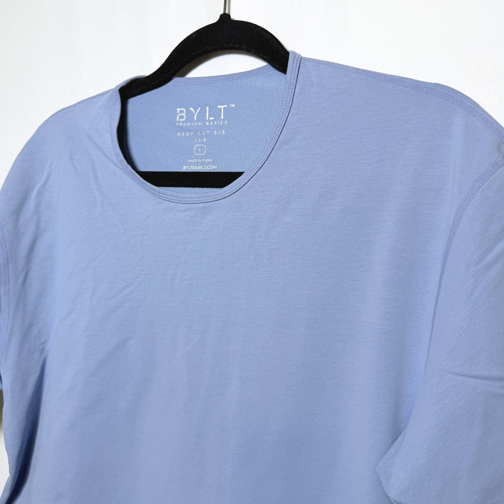 BYLT Premium Basics Drop Cut SS Lux T-Shirt Light Blue Mens Large Curved Hem
